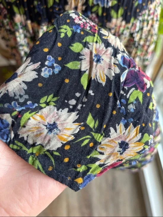 Vintage Black Floral Tiered Maxi Skirt with Pink and Blue Blossoms - Picture 4 of 6